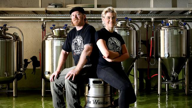 Winston Brewing Company owners Kris Miles, left, and Caroline Kiehne at their brewery in Melville St Hobart. Picture: SAM ROSEWARNE