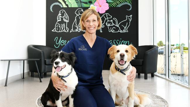 NQ Care Managing Director Taleta Hompas with Echo and Apollo pictured inside their new location on Woolcock Street. Picture: Shae Beplate.