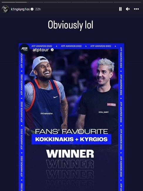 Nick Kyrgios also shared this graphic showing he'd won most popular men's doubles team alongside Thanasi Kokkinakis. Pic: Instagram