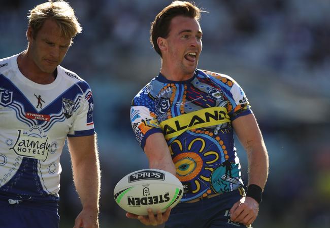 Clint Gutherson of the Eels celebrates after scoring a try during the round 12 NRL match between the Canterbury Bulldogs and the Parramatta Eels at ANZ Stadium.