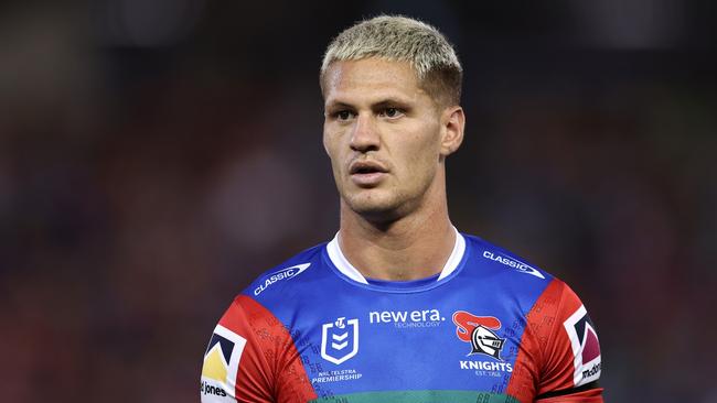 NEWCASTLE, AUSTRALIA - MARCH 07:  Kalyn Ponga of the Knights warms up before the round one NRL match between Newcastle Knights and Canberra Raiders at McDonald Jones Stadium on March 07, 2024, in Newcastle, Australia. (Photo by Brendon Thorne/Getty Images)