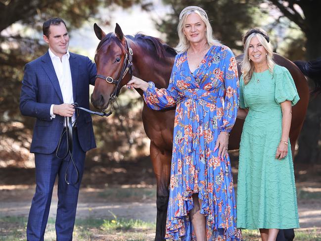 Project Pride racehorse filly held by trainer Archie Alexander with Project Pride Owner Ambassadors Danielle Laidley & Donna Leckie in racewear.                      Picture: David Caird