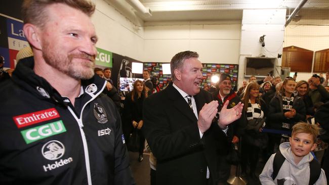 Collingwood president Eddie McGuire was happier than anyone after the GWS win. Pic: Michael Klein