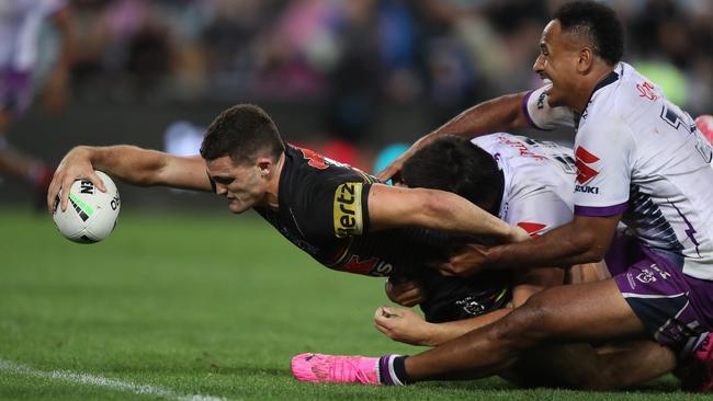 Nathan Cleary stretches out to score a late try. Picture: Brett Costello