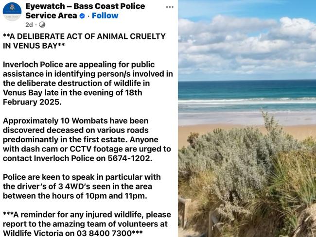 The community of Venus Bay in Victoria is reeling after a horrific act of animal cruelty. Picture: Facebook/Eyewatch – Bass Coast Police Service Area and Instagram/venusbayvictoria