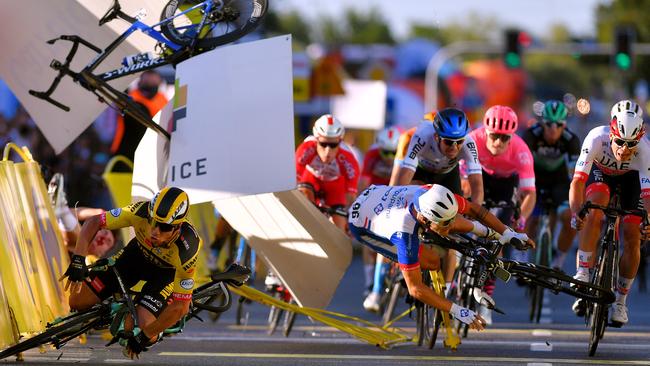 The horror crash that left Dutch rider Fabio Jakobsen with serious head injuries. Picture: Getty Images