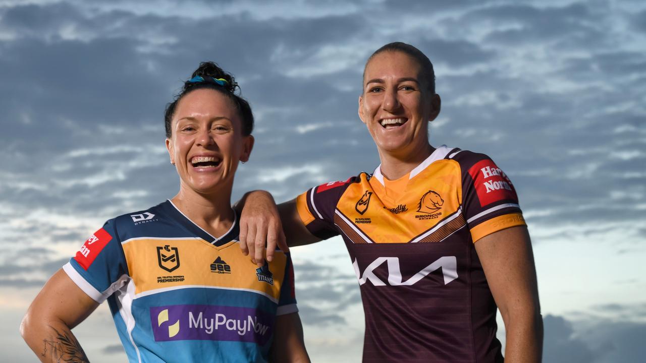 Ali Brigginshaw (Brisbane Broncos) &amp; Brittany Breayley-Nati (Gold Coast Titans) prepare for battle. Picture: Grant Trouville.