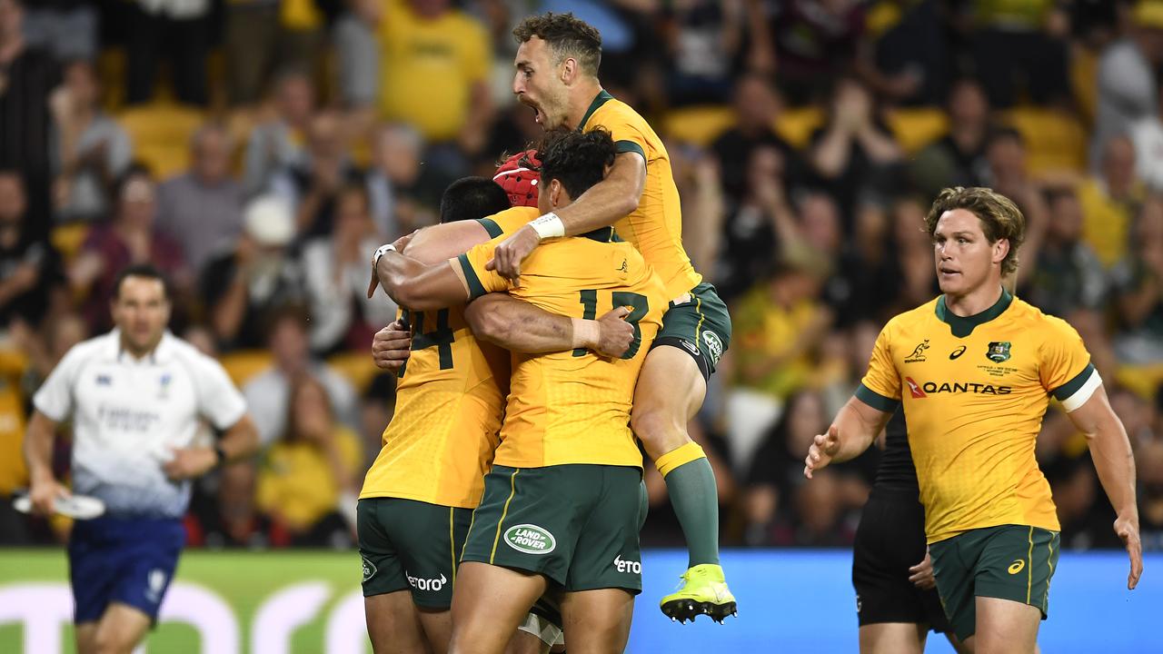 The Wallabies celebrate a Tom Wright try against the All Blacks. Picture: Getty Images