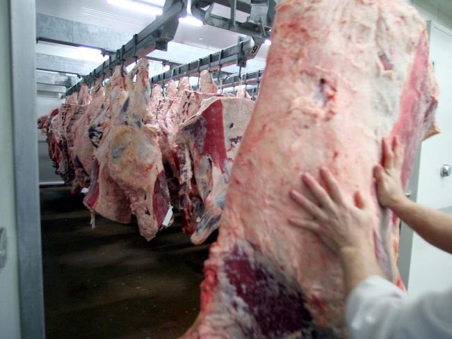 Harvey Beef carcases in a chiller at their factory in Western Australia.