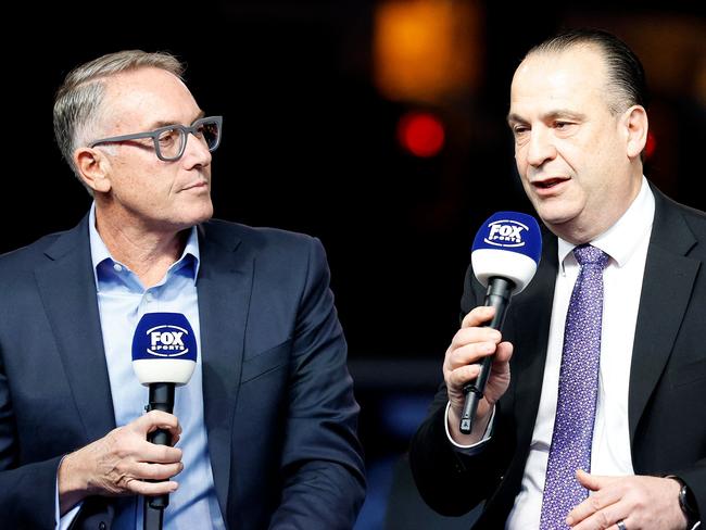 LAS VEGAS, NEVADA - FEBRUARY 28: Patrick Delany (left), CEO of Foxtel Group, talks with Chairman of the Australian Rugby League Commission Peter V'landys during Fox League's NRL Las Vegas Launch at Resorts World Las Vegas, on February 28, 2024, in Las Vegas, Nevada.   Ezra Shaw/Getty Images/AFP (Photo by EZRA SHAW / GETTY IMAGES NORTH AMERICA / Getty Images via AFP)