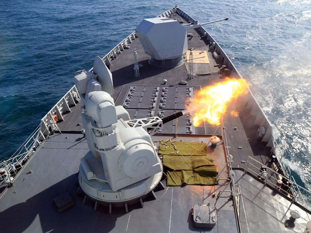 The Chinese destroyer Hafei fires its close-in weapons systems during a recent live-fire exercise. Picture: Chinese State Media