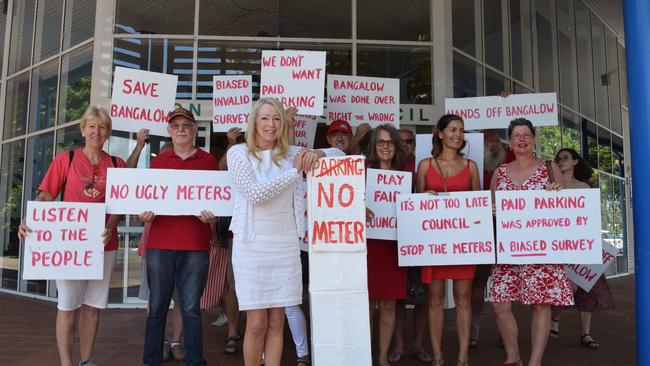 Opponents to the paid parking scheme at Bangalow gathered for a protest outside the Byron Shire Council chambers at Mullumbimby.