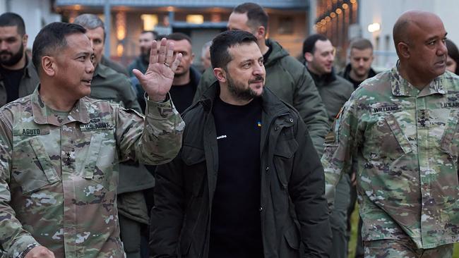 Ukraine President Volodymyr Zelensky listening arrives at the US Army Command in Europe, in Germany. Picture: AFP