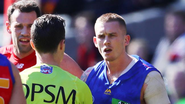 Brisbane Lions skipper Dayne Beams argues with the umpire. Pic: Michael Klein