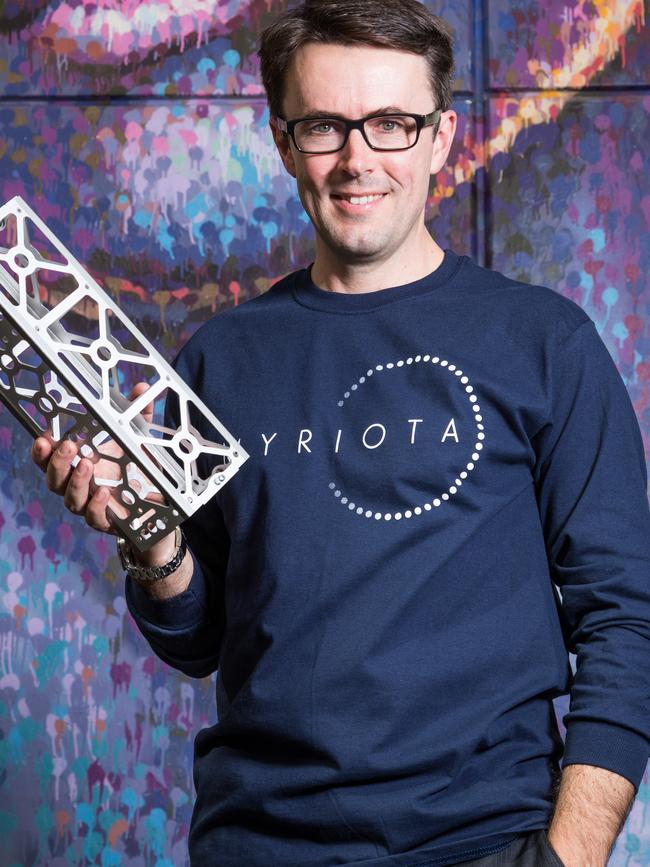 Myriota CEO Alex Grant with a nanosatellite frame. Picture: Supplied