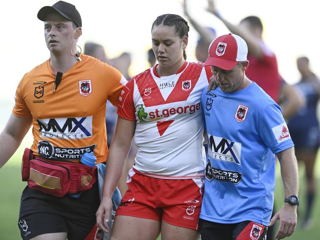 TOWNSVILLE, AUSTRALIA - SEPTEMBER 02: Alexis Tauaneai of the Dragons comes from the field after being injured during the round seven NRLW match between North Queensland Cowboys and St George Illawarra Dragons at Queensland Country Bank Stadium, on September 02, 2023, in Townsville, Australia. (Photo by Ian Hitchcock/Getty Images)