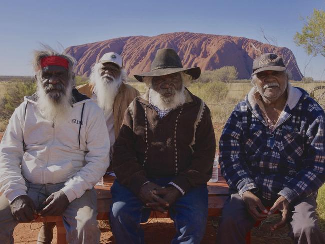 Elders from Central Australia. Murray George was there at the signing of the Uluru Statement From the Heart.Front – left to right…Murray George,  Clem Toby, Owen Burton, Rear – Trevor Adamson Picture - Supplied