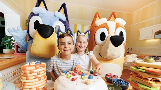 Siblings Samuel 6 and Ava Wallis 8, get a sneak preview in the kitchen of Blueys World at Northshore Pavilion at Hamilton. Picture Lachie Millard