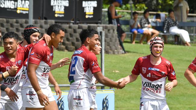 Redcliffe Dolphins players celebrate a goal. Norths Devils v Redcliffe Dolphins in Connell Challenge Sunday March 27, 2022. Picture, John Gass