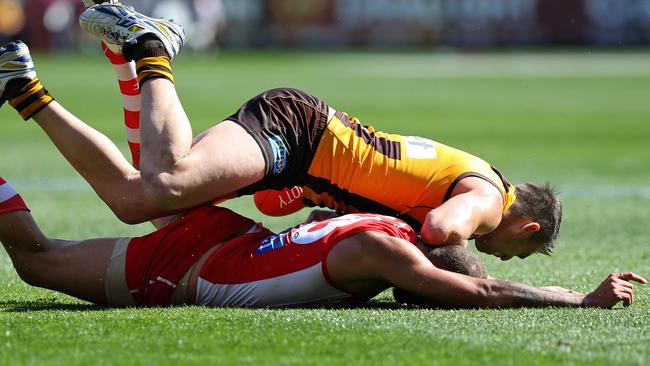 Brian Lake rides Lance Franklin into the ground. Picture: Tim Carrafa