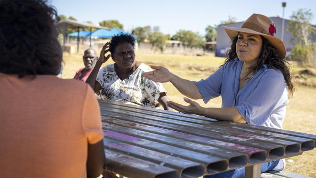 Senator Jacinta Nampijinpa Price talks with residents of Ngukurr in the Northern Territory.