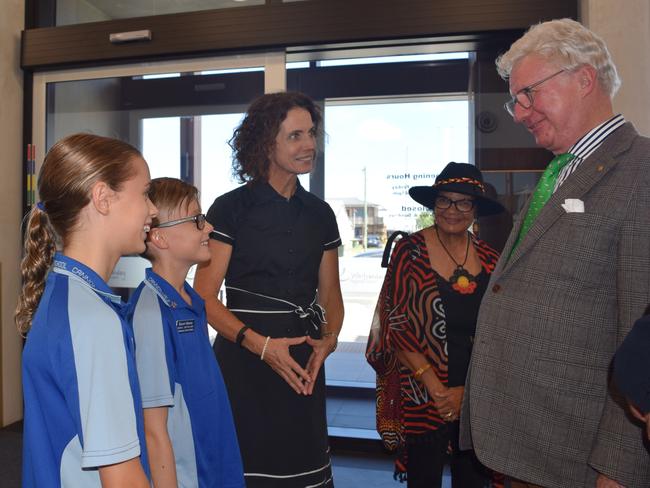 Queensland Governor Paul de Jersey (right) meets Cannonvale State School captains (from left) Millie Groom and Saxon Weeks with school principal Angie Kelly and Aunty Sue West. Photo: Elyse Wurm