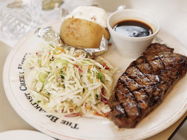 Susan McDonald ordered the 350g Porterhouse from Darling Downs with red wine jus, Idaho baked potato and coleslaw. Picture Lachie Millard