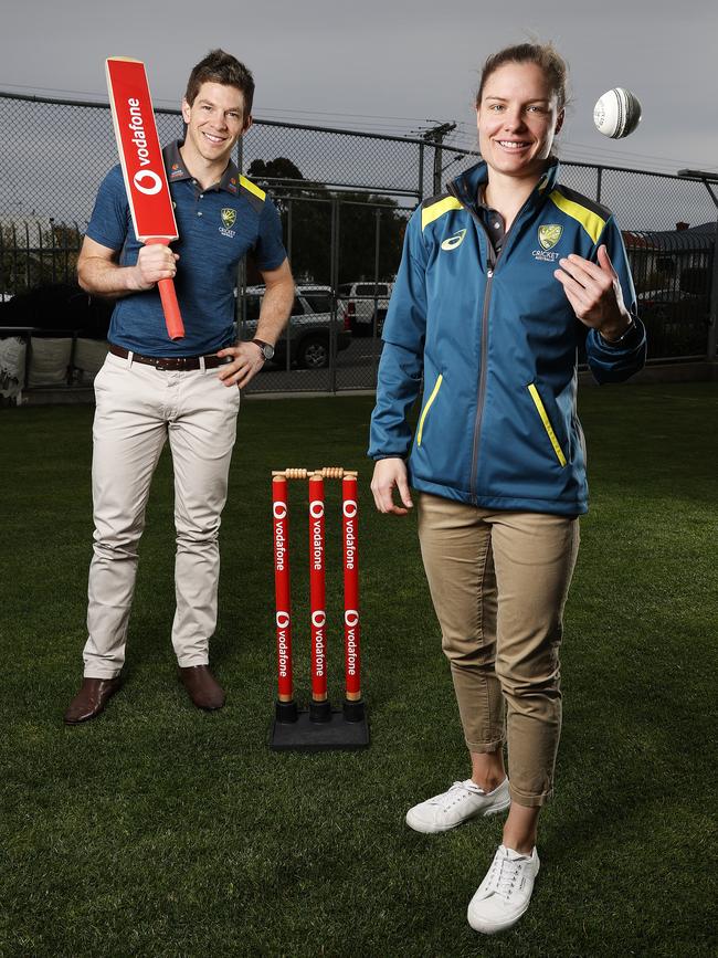 Australian Test Captain, Tim Paine and Australian Women’s Team player, Nicola Carey as Vodafone has signed up as partners with Cricket Australia. Picture: Zak Simmonds