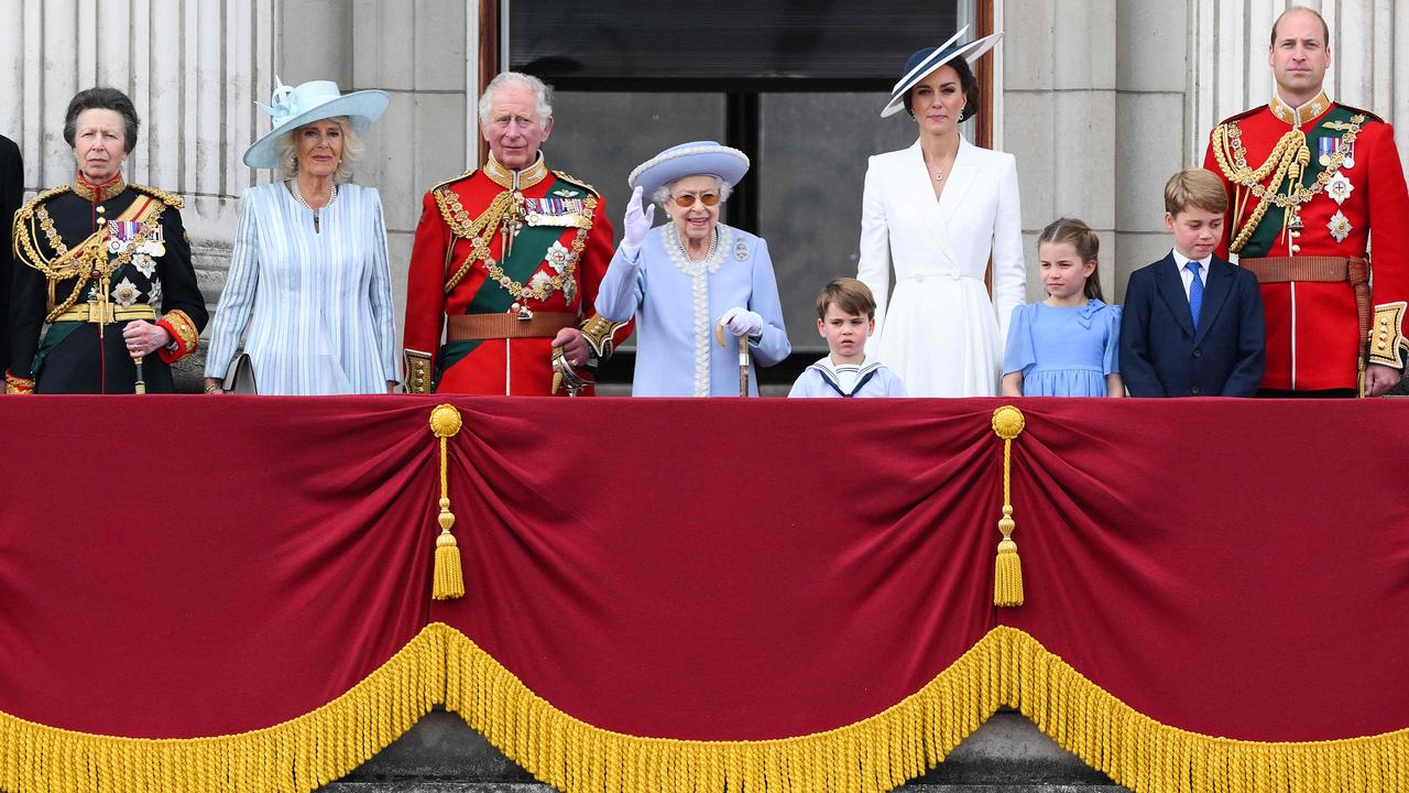 The royal family greets crowds from the balcony of Buckingham Palace. Picture: AFP