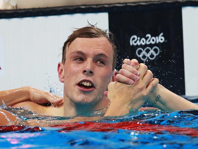 Australia's Kyle Chalmers celebrates winning the Gold medal in the Men's 100m Freestyle Final on day five of the swimming at the Rio 2016 Olympic Games. Picture. Phil Hillyard