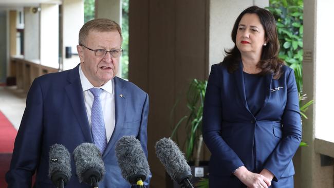 Australian Olympic Committee President John Coates with Premier Annastacia Palaszczuk during a press conference at Parliament House. Picture: Peter Wallis