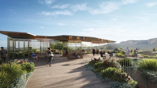 Residential apartments, retail space and hospitality venues are part of the $100m vision for The Escarpment at Macquarie Point. The plans also feature a green roof with public open space. Source: Supplied.