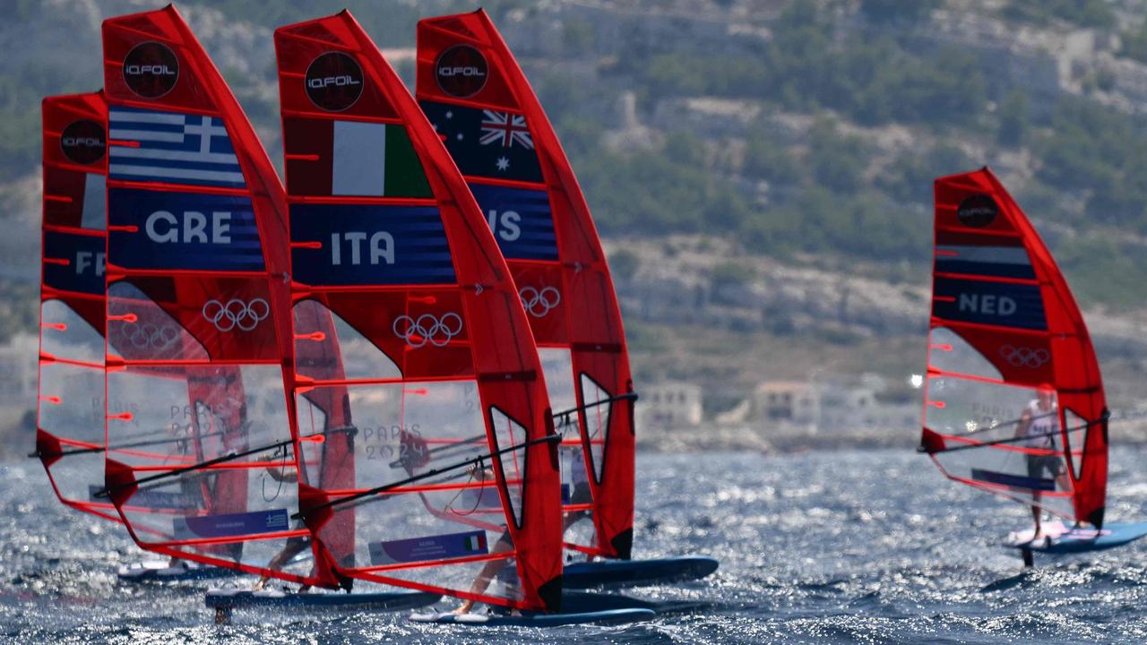 Australia's Grae Morris, Greece's Vyron Kokkalanis and Italy's Nicolo Renna at the start of their fifth race.