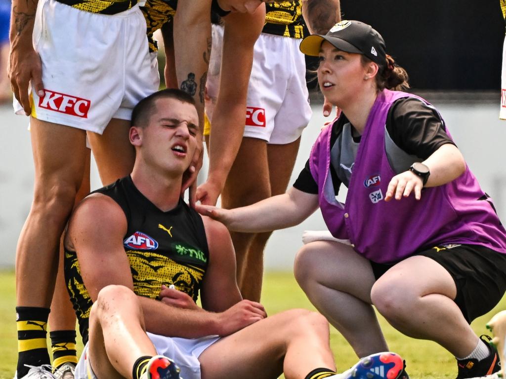 Lalor went down late against the Eagles. Picture: Daniel Carson/AFL Photos via Getty Images