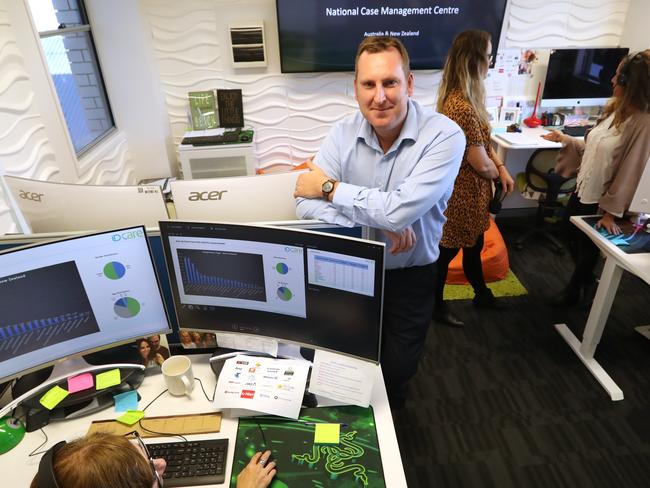 28/5/2019 : David Lacey, here with some of the counsellors, runs a call centre that assists victims of cyberfraud and identity theft, at Caloundra on the Sunshine Coast . Lyndon Mechielsen/The Australian