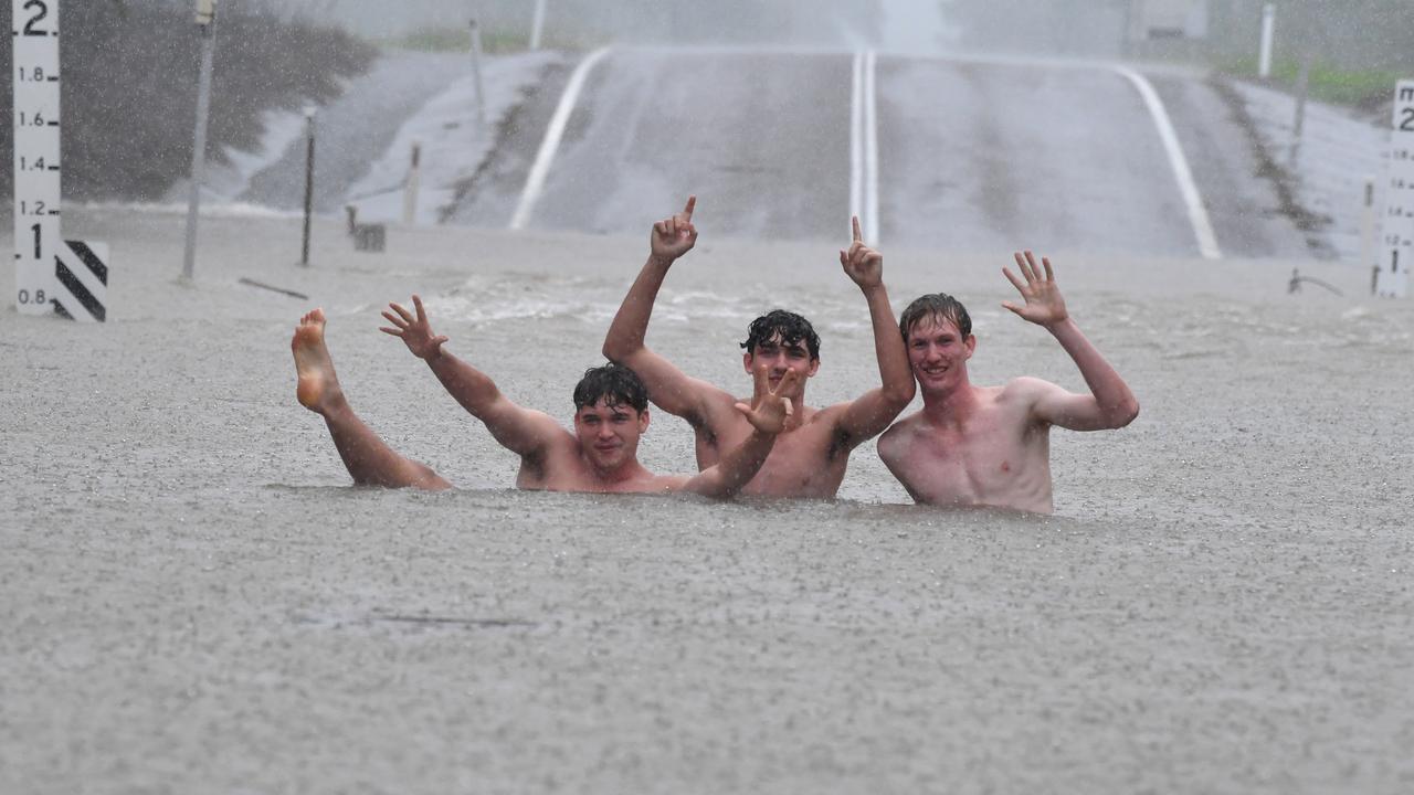 Wet weather in Townsville. Road closed at Allambie Lane, Kelso. Aston Smith, Mitchell Maher and Riley McIntyre. Picture: Evan Morgan