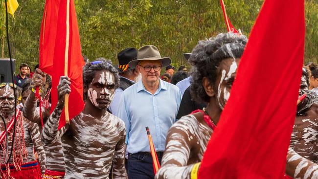 Prime Minister of Australia Anthony Albanese with Yolngu men during Garma Festival. Picture: Tamati Smith/Getty Images