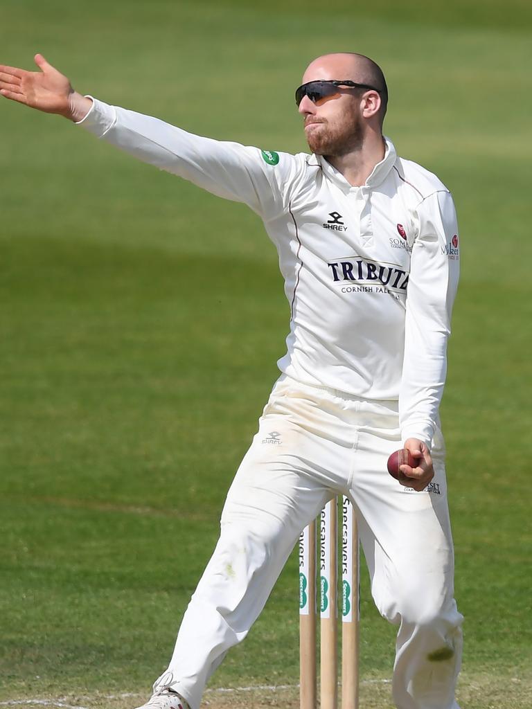 Jack Leach bowls for Somerset in the County Championship.