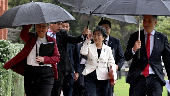 Penny Wong walks with Yoko Kamikawa, Minoru Kihara and Richard Marles at the annual Australia-Japan 2+2 Foreign and Defence summit. Picture: AFP