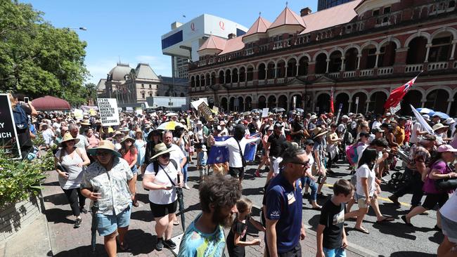The Freedom Rally in the Brisbane CBD on Saturday. Picture: Annette Dew