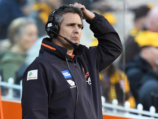 Coach of the Giants Leon Cameron is seen during the Round 8 AFL match between the Hawthorn Hawks and the GWS Giants at the MCG in Melbourne, Sunday, May 12, 2019.  (AAP Image/Julian Smith) NO ARCHIVING, EDITORIAL USE ONLY