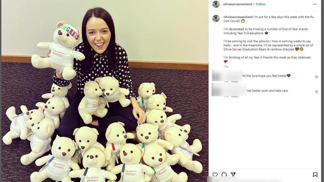 Member for Newland Olivia Savvas with the personalised Olivia Savvas Graduation Bears she gave to Year 6 graduates in 2022. Picture: Instagram