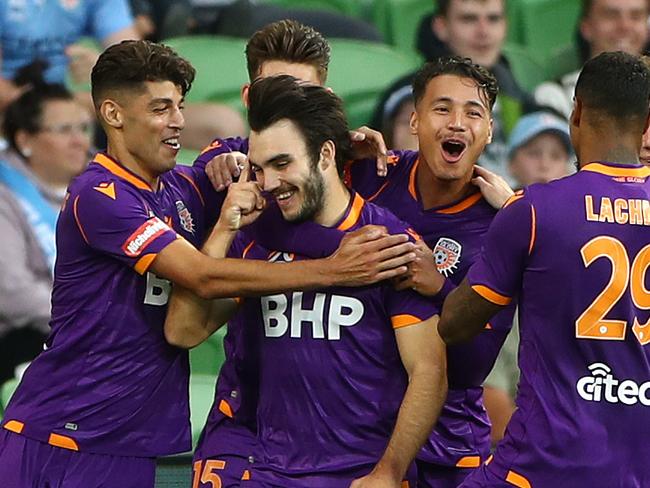 MELBOURNE, AUSTRALIA - JANUARY 31: Nick D'Agostino of Perth Glory celebrates after scoring a goal during the A-League match between Melbourne City and the Perth Glory at AAMI Park, on January 31, 2021, in Melbourne, Australia. (Photo by Robert Cianflone/Getty Images)