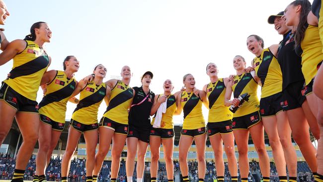 Tiger players enjoy their win. Picture: Mark Metcalfe/Getty Images