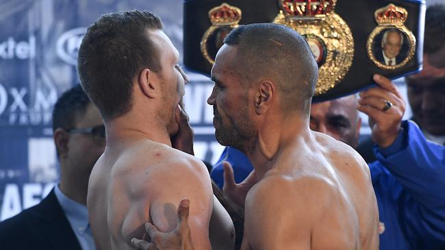 BRISBANE, AUSTRALIA - NOVEMBER 29: Jeff Horn and Anthony Mundine clash during the official Weigh In ahead of the 'River City Rumble' at Suncorp Stadium on November 29, 2018 in Brisbane, Australia. (Photo by Albert Perez/Getty Images)