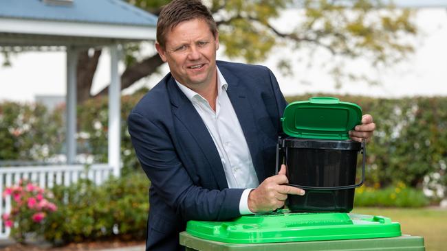 Lockyer Valley Regional Council deputy mayor Jason Cook with the new compost bins that will be used in a 1000-home trial in Laidley and Gatton. PHOTO: Ali Kuchel