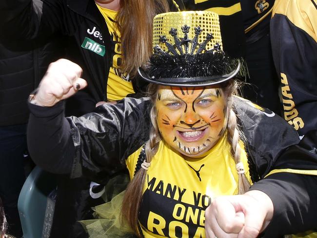 Crowd color. 2019 AFL Grand Final match between the Richmond Tigers and the GWS Giants at the MCG on September 28, 2019 in Melbourne, Australia. Excited Tiger supporters.          Picture: David Caird