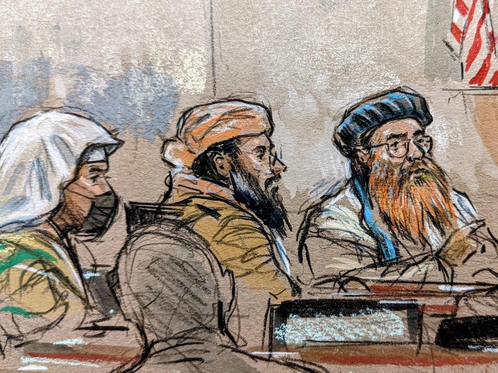 A courtroom sketch from 2021 shows Khalid Sheikh Mohammed along with co-defendants Ramzi bin al-Shibh and Walid bin Attash at a pre-trial hearing at the military commissions court at the US naval base in Guantanamo Bay. Picture: AFP