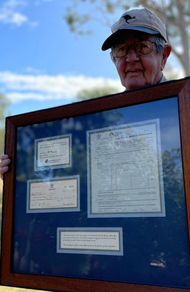 Bob Irwin keeps his and Steve's first permits to catch crocodiles framed and mounted on his wall. Picture: Supplied