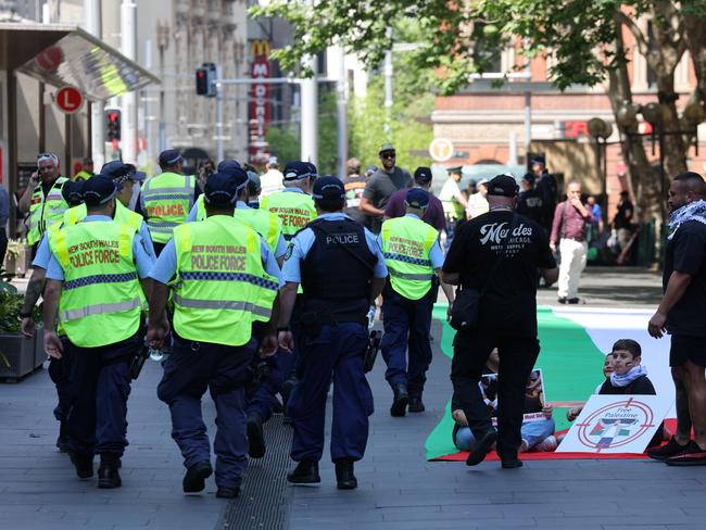 Police assemble at Town Hall ahead of the pro-Palestine rally. Picture: David Swift